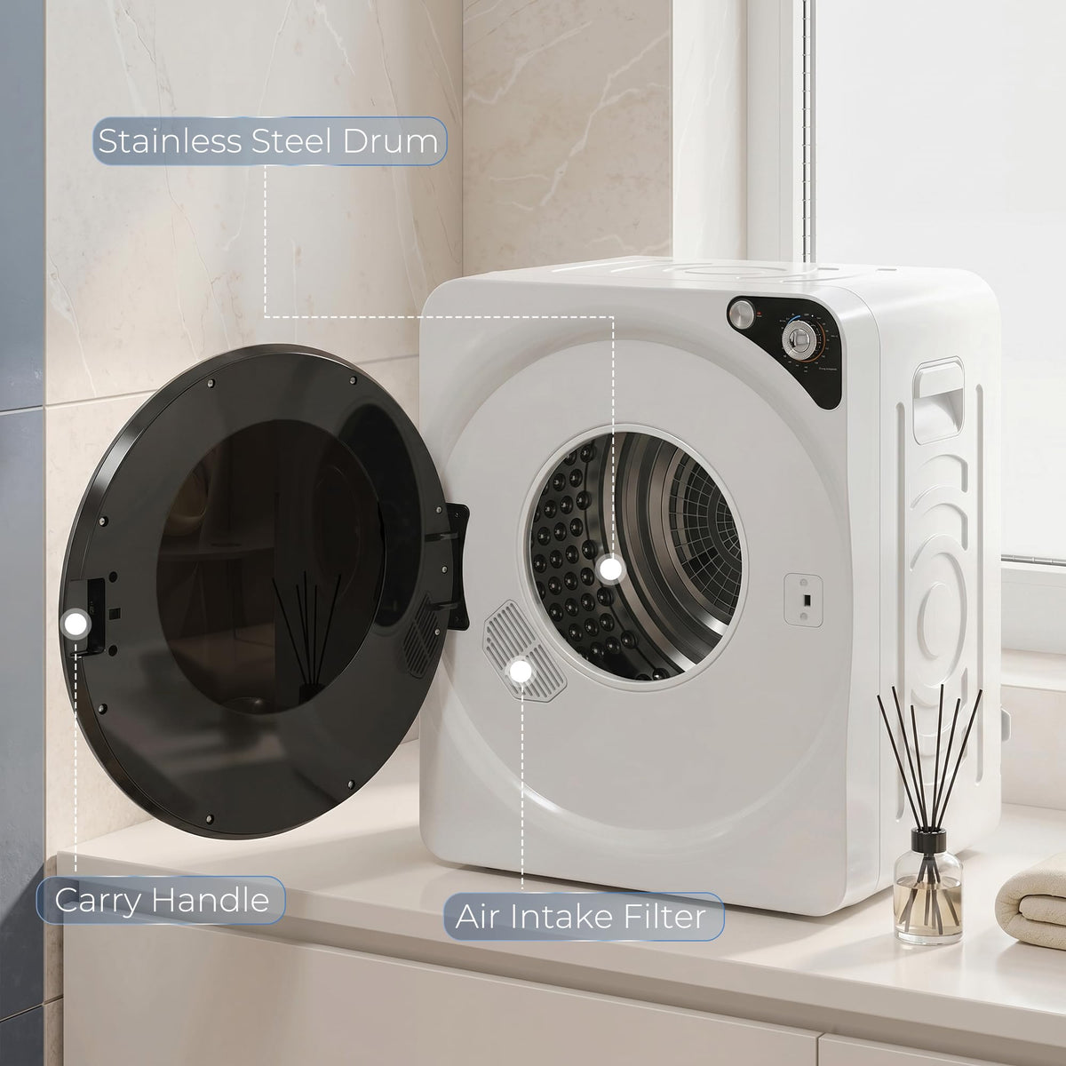 HOMCOM Vented Tumble Dryer, 5kg Wet Laundry/3kg Dry Capacity, 1000W, Black
