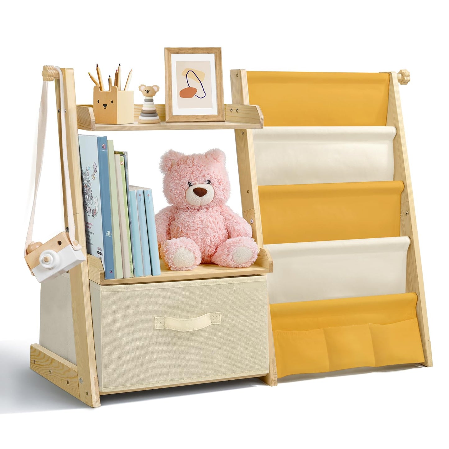Kids Bookshelf and Toy Storage, Montessori Wooden Children Bookcase and Toy Organizer, 4-tier Toddler Sling Book Shelf with a Large Storage Box for Nursery, Bedroom, Playroom (Terrazzo)