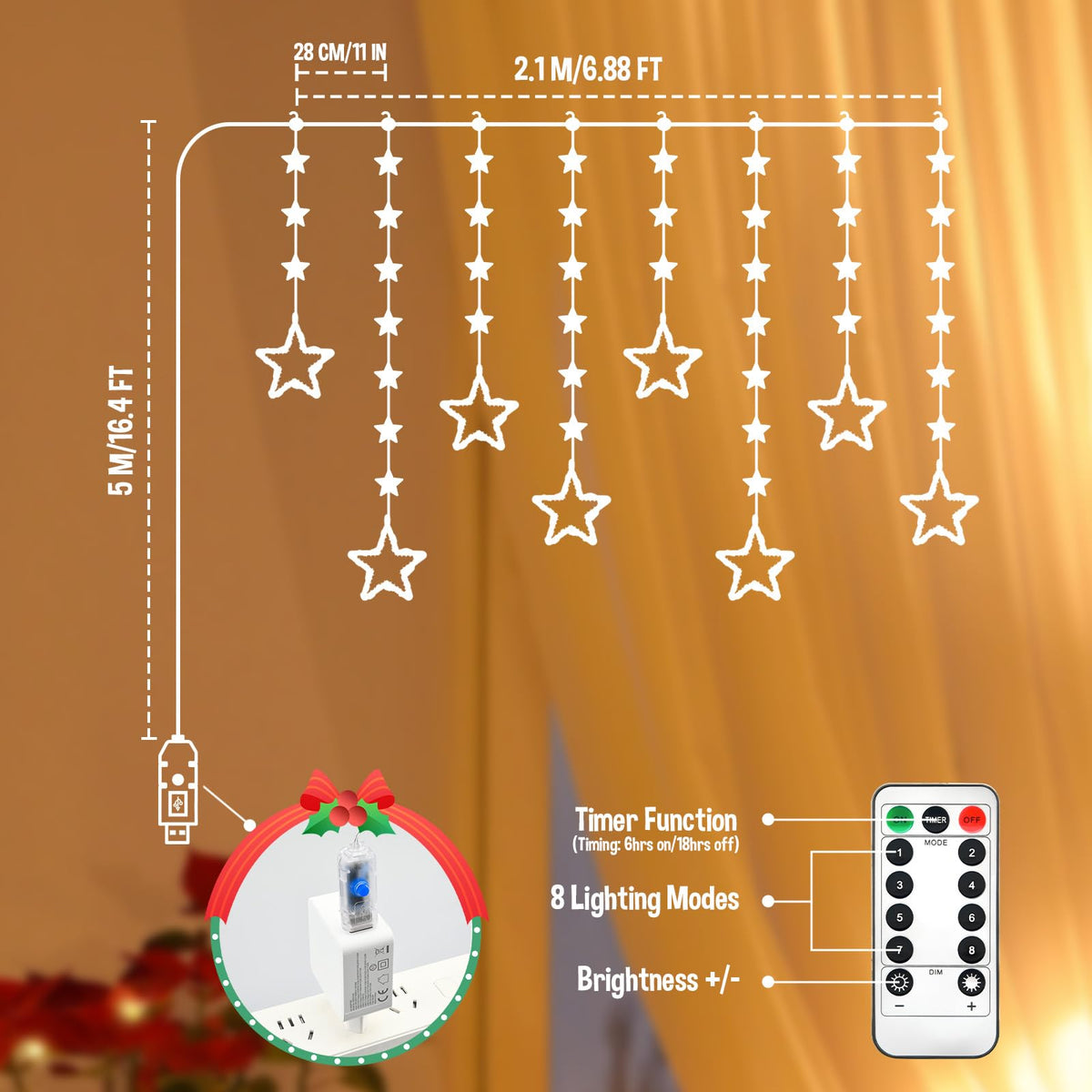 Christmas Star Window Lights, 2M 48 Stars 80 LED Curtain Fairy Lights with Remote, Timer, 8 Modes, Dimmable, USB Powered String Lights for Window, Bedroom, Party, Christmas Decorations