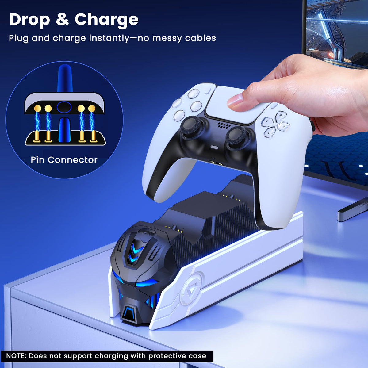 HELLCOOL PS5 Charging Charger for DualSense & Edge, Fast Charge 2 Controllers Simultaneously, Drop&Go No Alignment, LED Indicator with Touch Off, Smart Safety Protection, with 1m USB-C Cable