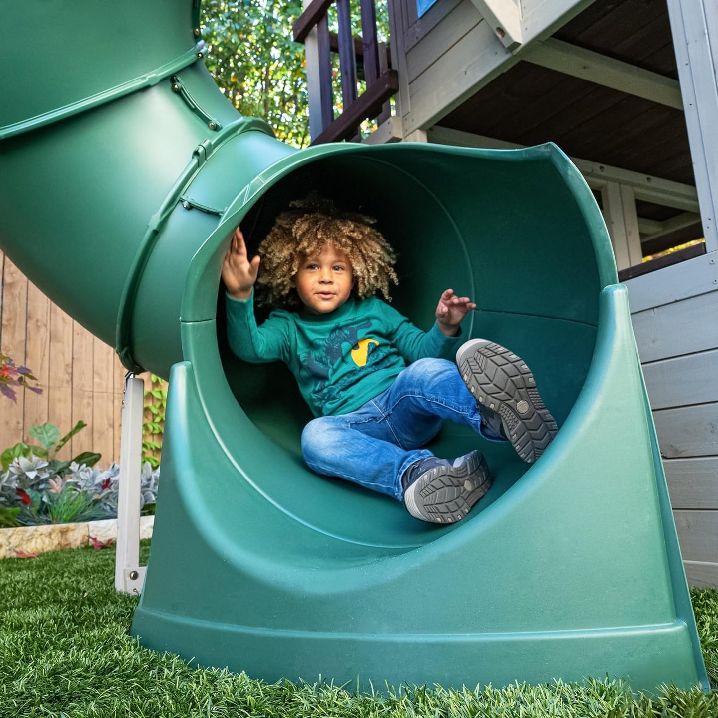 KidKraft Wooden Playhouse with Tube Slide – 2 Storey Outdoor Playground for Kids, Climbing Frame with Turbo Tube Slide & Rock Wall, Garden Play Tower