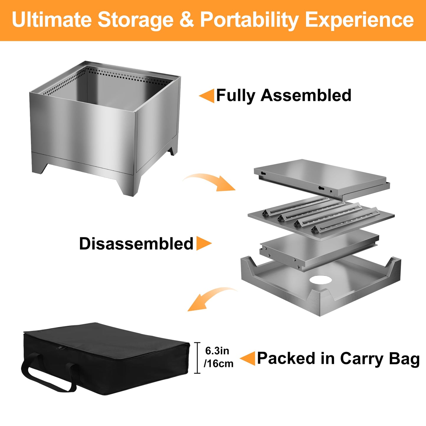 Smokeless Fire Pit with Removable Ash Pan, Fire Pits for Garden Wood Burning, Portable Camping Firepit, for Backyard Patio, Stainless Steel, Waterproof Bag & Poker Included, 50 x 38cm, Silver