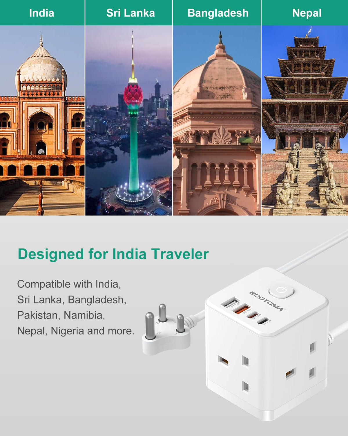 Japan Travel Adapter 3 Way 4 Fast Charging USB (QC3.0/PD20W)