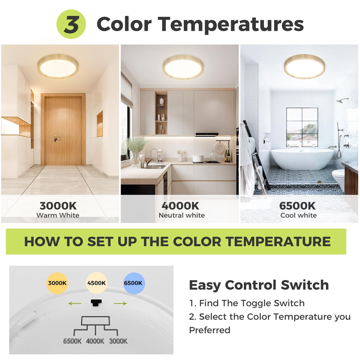 hepside Bathroom Light, 3000K/4000K/6500K 3 Color Temperature LED Ceiling Light, 15W 1500LM, Waterproof, Round, Small, Modern, Flush Ceiling Light for Bathroom, Kitchen, Bedroom, Black