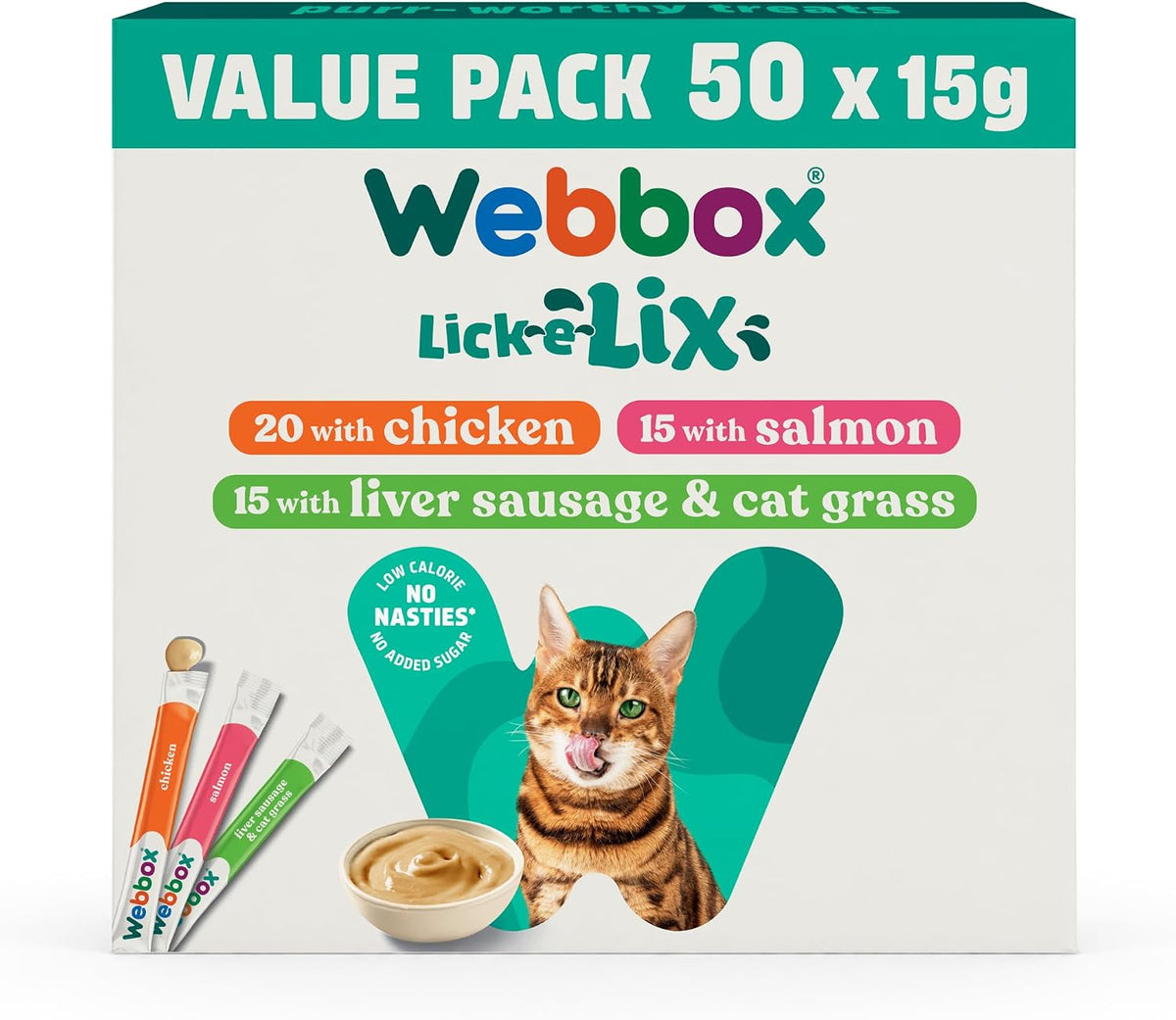 Webbox Lick-e-Lix Cat Treats Variety Value Pack - Kitten Friendly, Grain Free, No Artificial Preservatives or Colours (50 Pack)