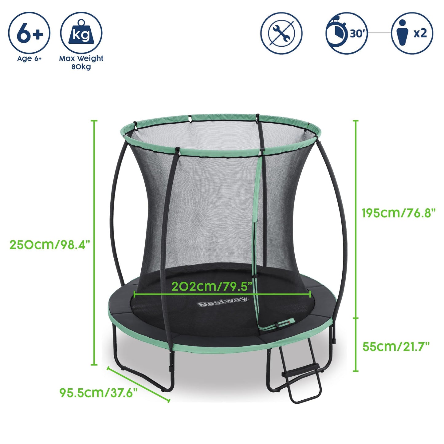 Bestway Xtreme Air Trampoline, 8ft/10ft/12ft Outdoor Round Trampoline with Fully Sewn Gap-Free Safety Enclosure Net, Ladder & Anchor Kit, 2-Year Warranty Guaranteed