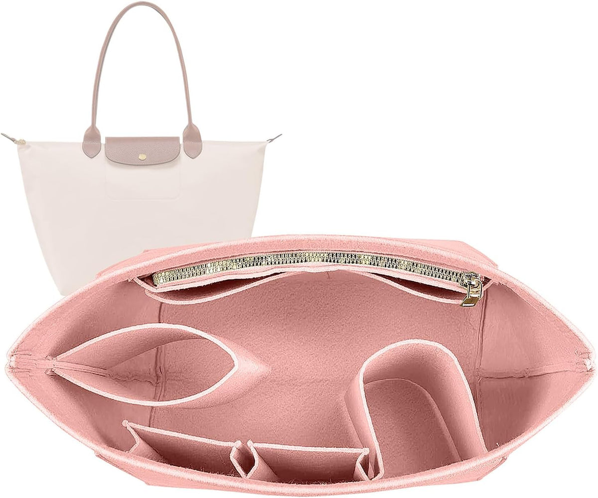 Lckaey tote bag organizer insert for Longchamp le pliage large tote insert felt purse zipper bag organizer 1028pink-S