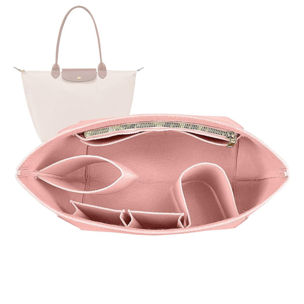 Lckaey tote bag organizer insert for Longchamp le pliage large tote insert felt purse zipper bag organizer 1028pink-S