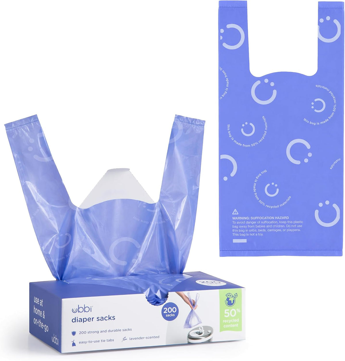 Ubbi Disposable Nappy Sacks, Lavender Scented, Easy-To-Tie Tabs, Durable, Thick Baby Nappy Disposal or Pet Waste Bags, 200 Count