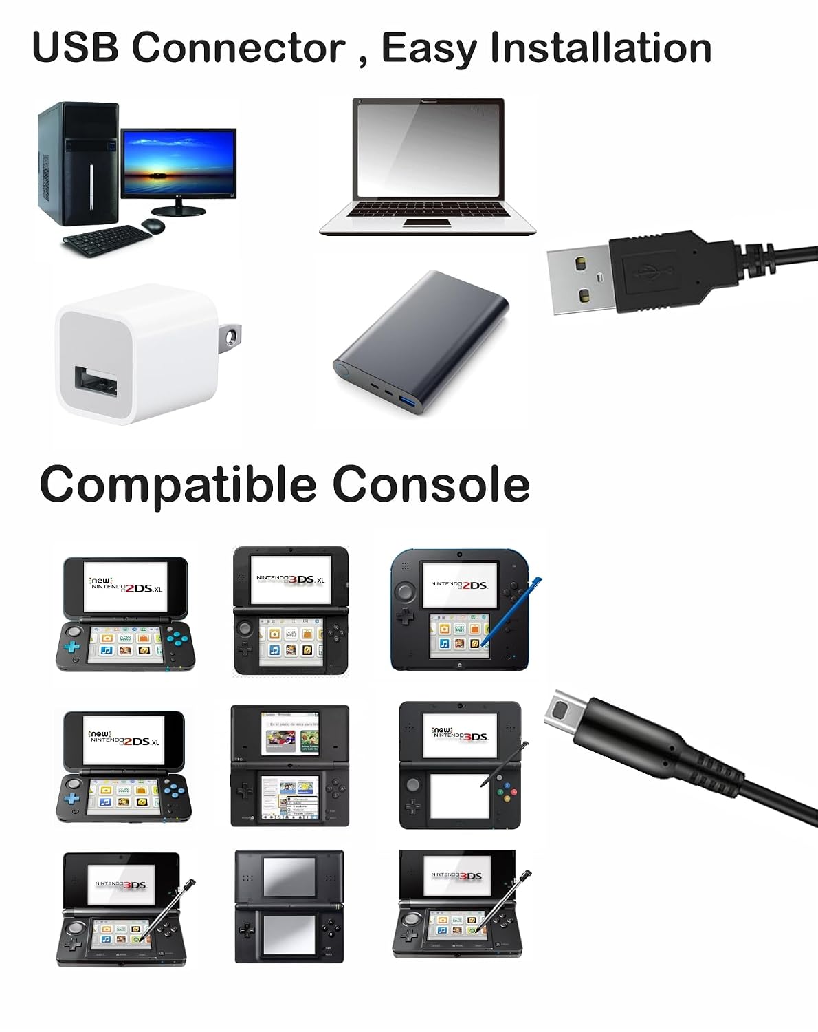 Charging cable for Nintendo 3DS,Cable for 3DS, 3DS XL, 2DS, DS/DSi, New 3DS, New 3DS XL 1.2m USB Cable for Easy Charging at Home or On-the-Go