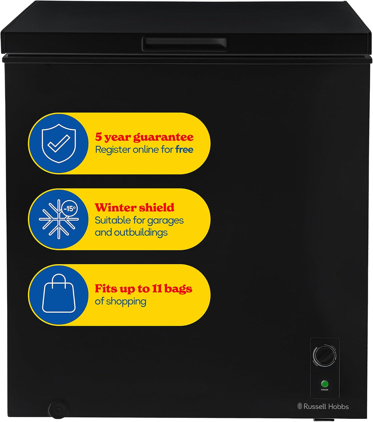 Russell Hobbs White Chest Freezer 143L Freestanding, Adjustable Thermostat, Chill or Freeze Function, 4 Star Freezer Rating & Suitable for Outbuildings & Garages RH142CF0E1W