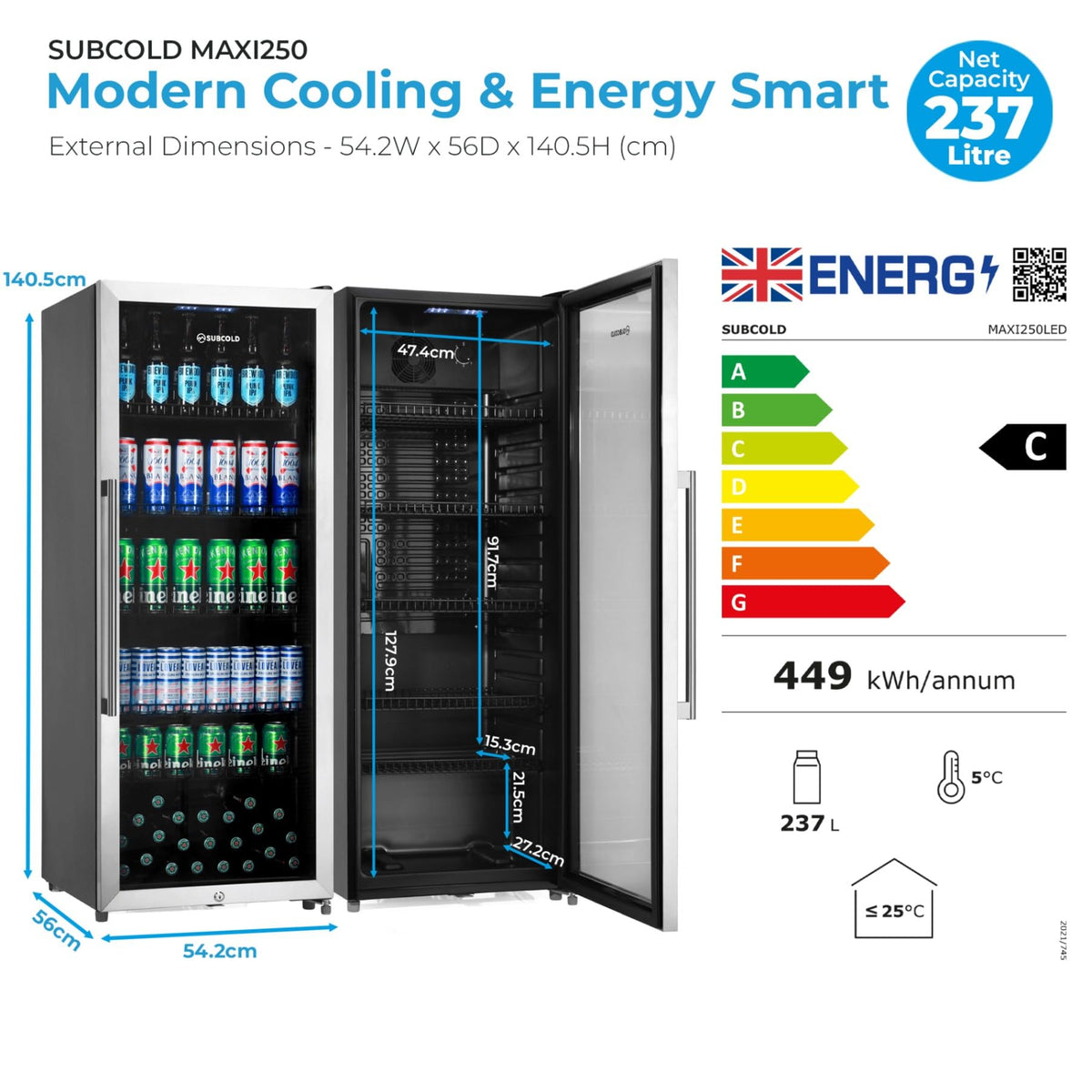 Subcold Maxi250 Tall Drinks Fridge | 4-18°C | Glass Door | Auto Defrost