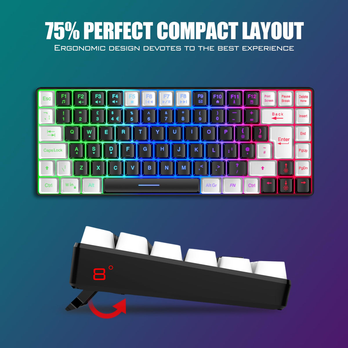 RedThunder K84 75% Wireless Gaming Keyboard and Mouse Rainbow Backlight UK Layout 85 Keys TKL Ultra Compact Mini Design Lightweight Honeycomb Gaming Mouse for PC Mac PS5 Xbox Office Gamers