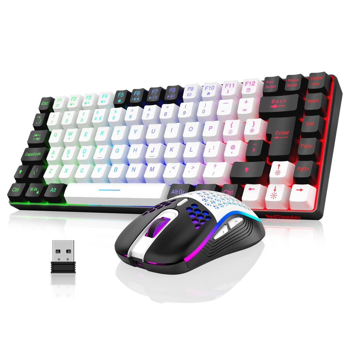 RedThunder K84 75% Wireless Gaming Keyboard and Mouse Rainbow Backlight UK Layout 85 Keys TKL Ultra Compact Mini Design Lightweight Honeycomb Gaming Mouse for PC Mac PS5 Xbox Office Gamers