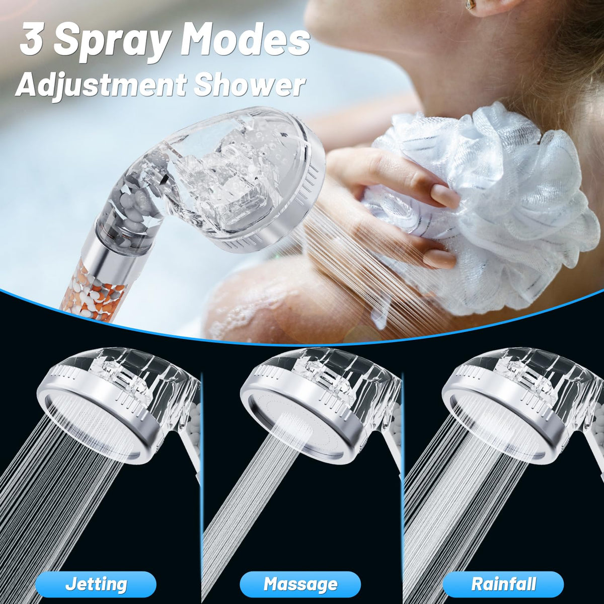 VEHHE High Pressure Shower Head with Filter Beads, 3 Spray Modes