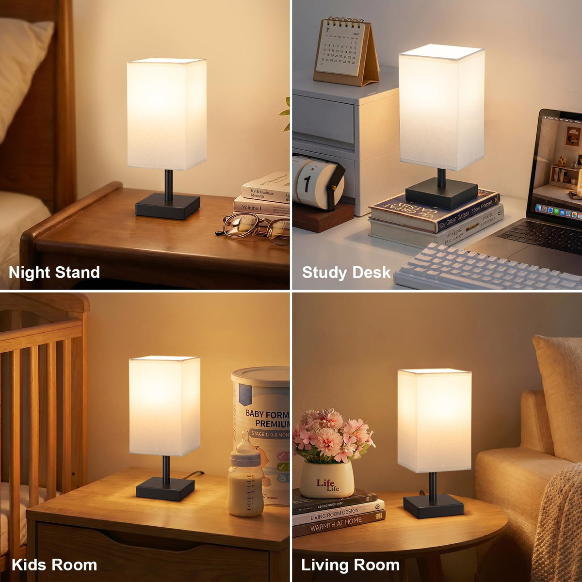 White Table Lamp for Bedroom, Small Bed Lamp with for Bedroom, Silver Base(Bulb Included)