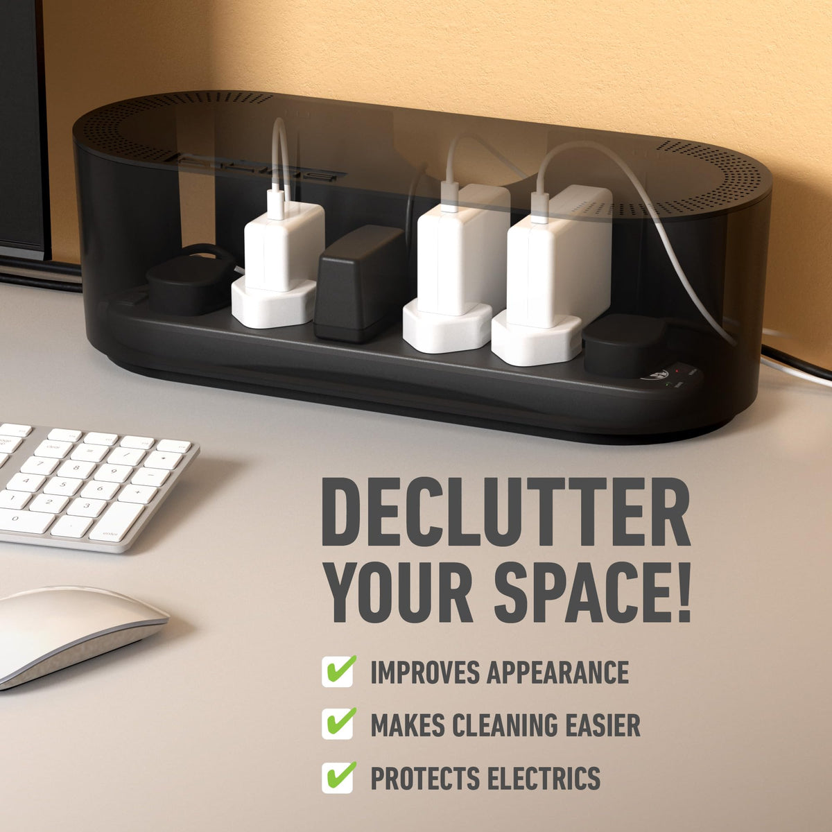 D-Line Cable Tidy Box, Hide & Conceal Extension Blocks, Desk Cable Management Solution, TV Wire Tidy, Made from Electrically Safe ABS Material - 325mm (L) x 125mm (W) 115mm (H) - Small, White