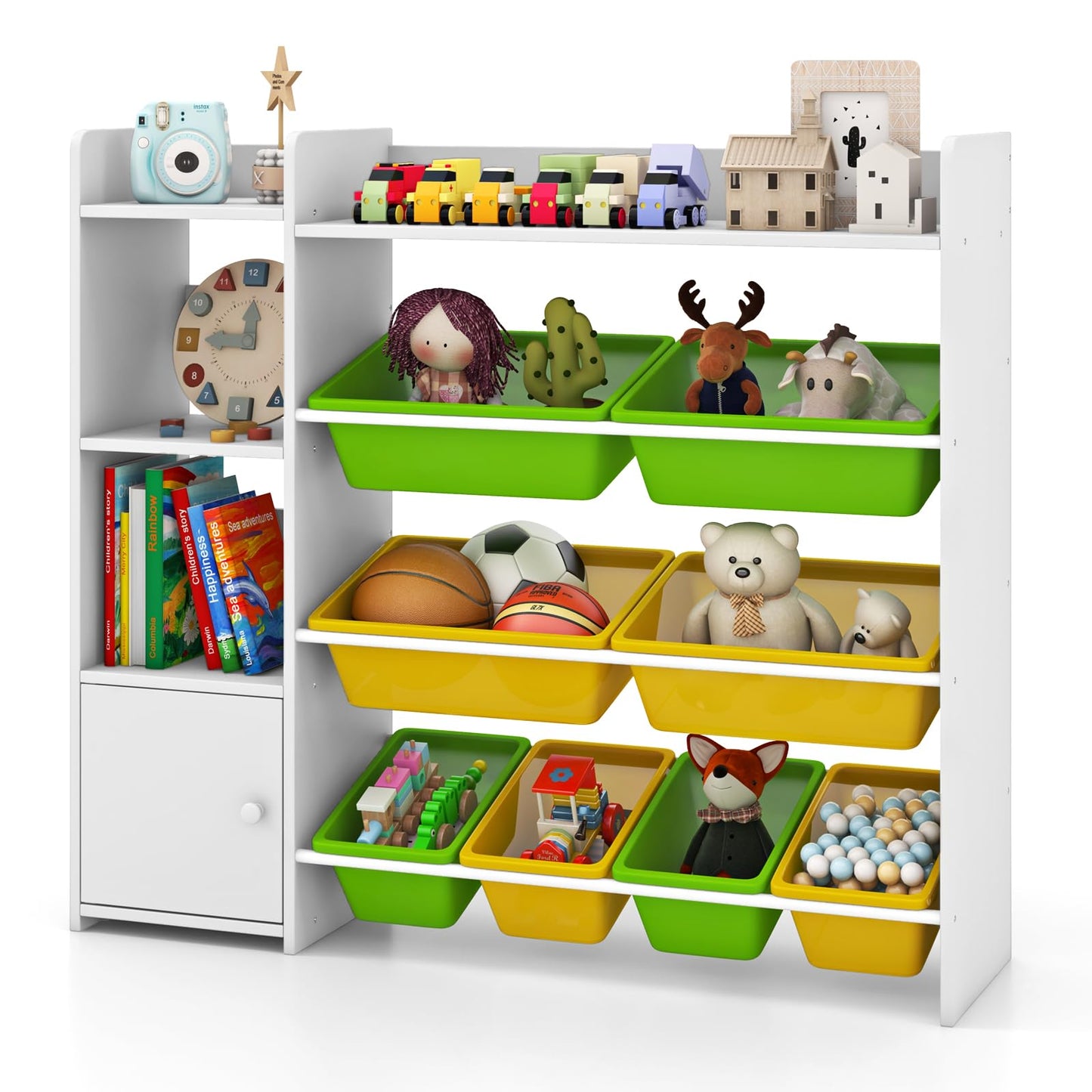 GYMAX Toy Storage Organizer, 4 Tiers Kids Bookshelf and Toy Storage Unit with 8 Bins, Open Shelves and Enclosed Cabinet, Children Bookcase for Playroom Bedroom Nursery (Pink)