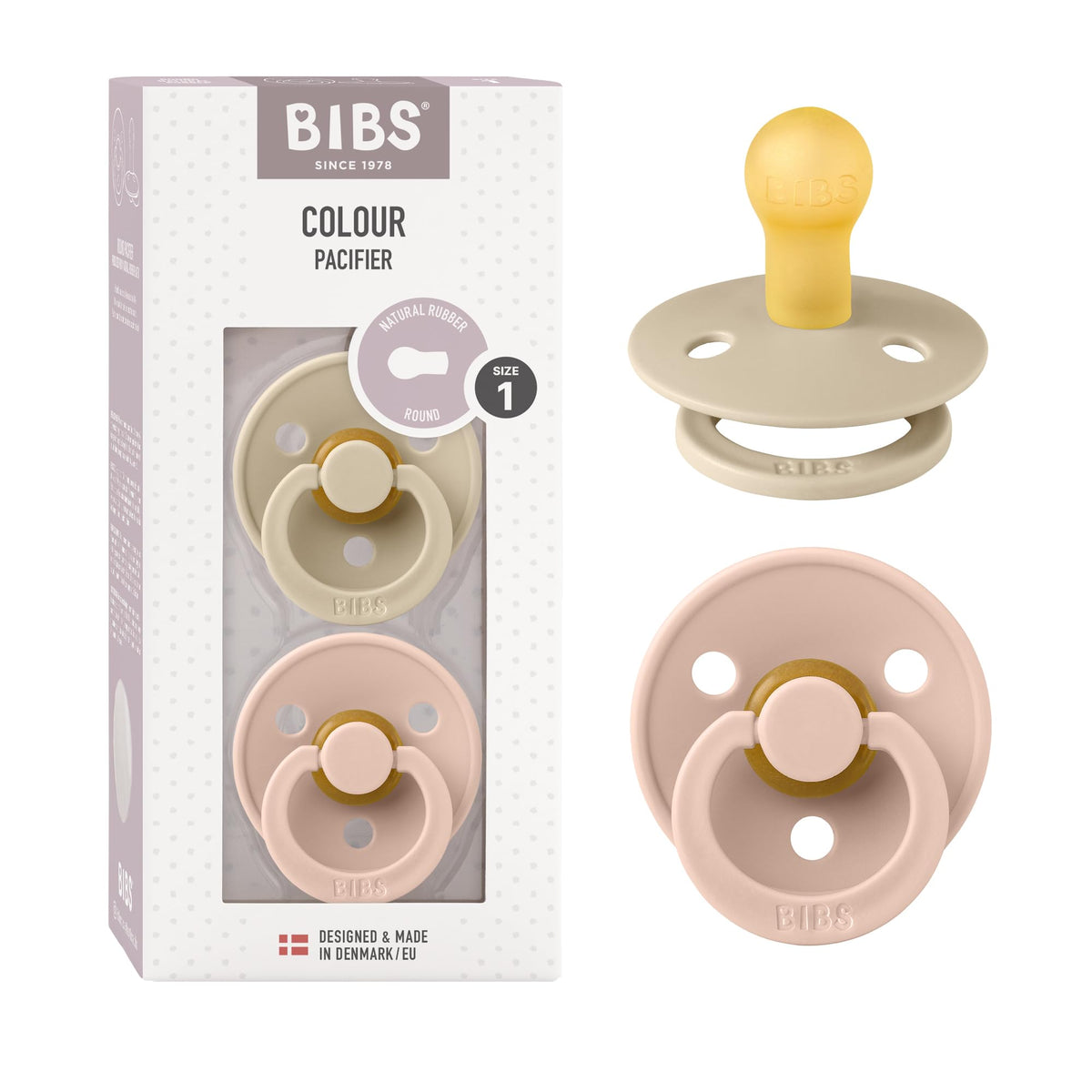 BIBS Colour Soother 2-Pack, BPA Free Dummy Pacifier, Round Nipple. Natural Rubber Latex, Made in Denmark, Size 2 (6-18 Months), Baby Blue