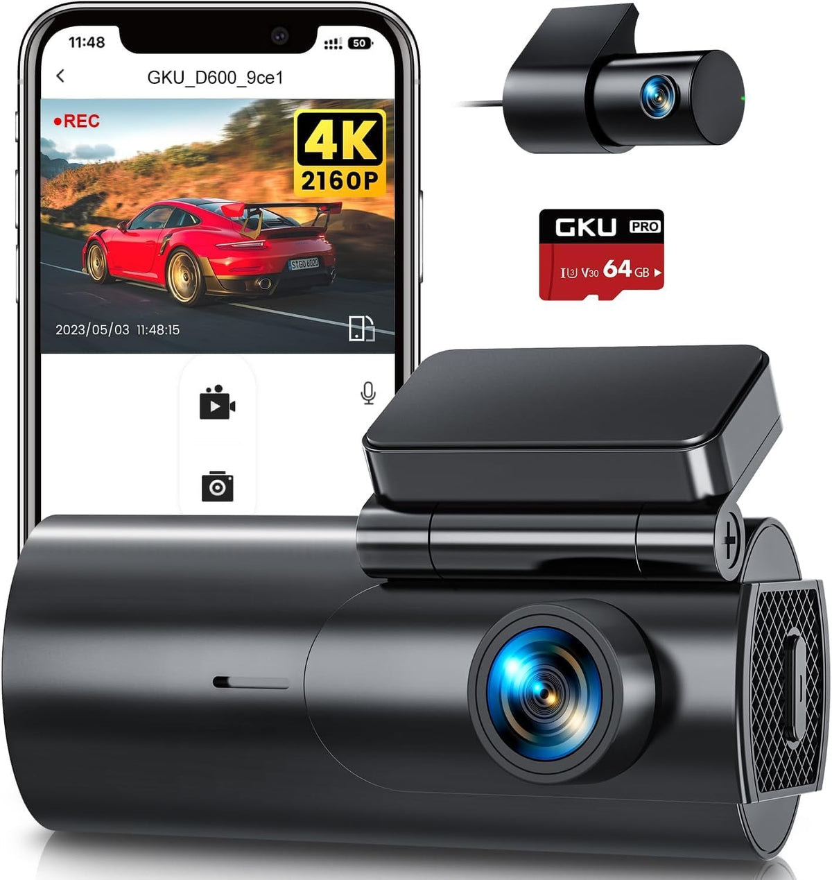 GKU 4K Dash Cam Front and Rear, 5GHz WiFi Dashcam with 64GB SD Card
