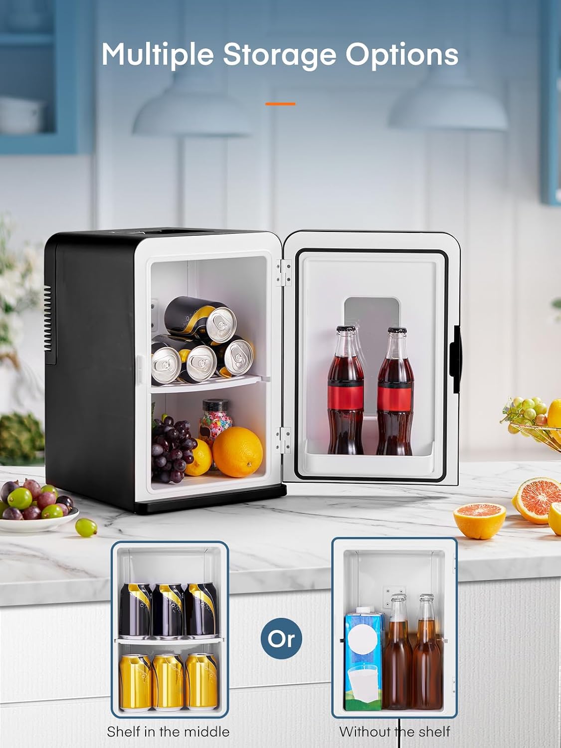 Mini Fridge for Bedrooms, 15 Liter /21 Cans Portable Small Fridge, AC+DC Power Car, Office, Thermoelectric Cooler & Warmer Skincare for Food, Drinks, Cosmetics, Max & ECO Mode, Black