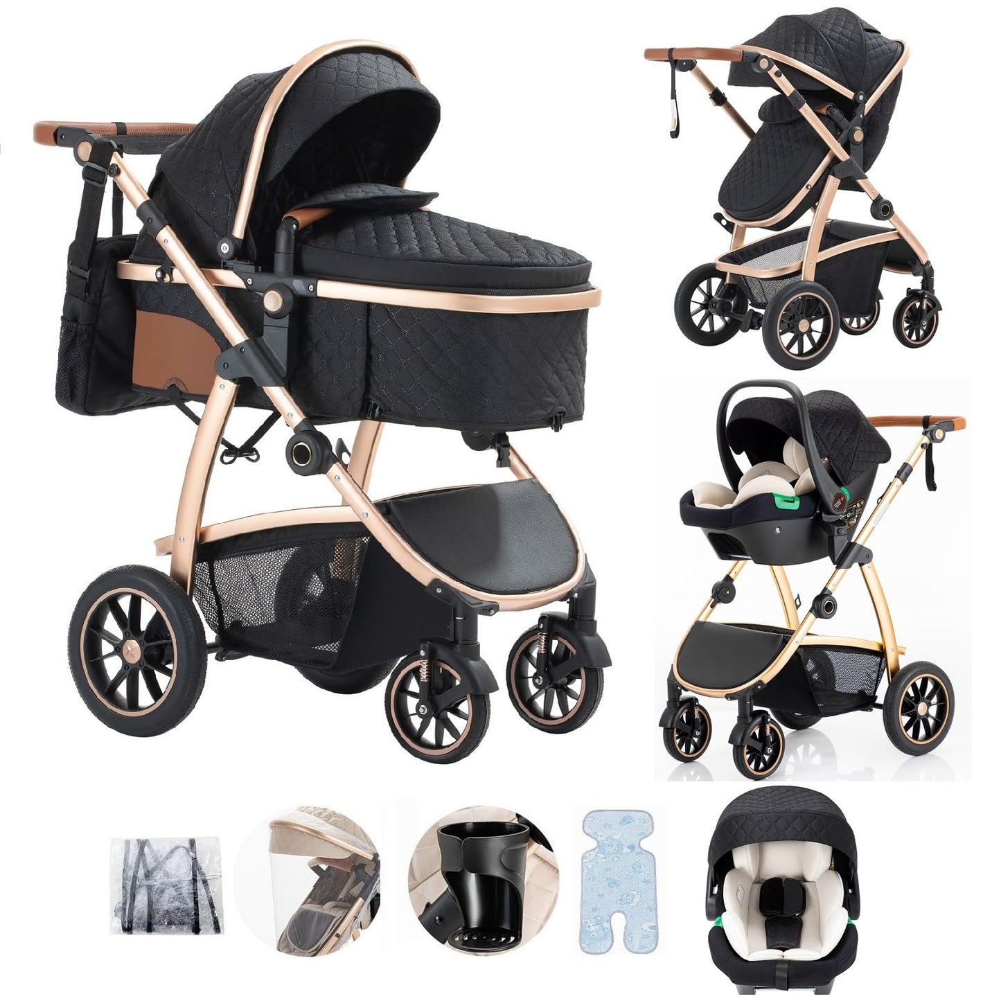 Baby Stroller 3 in 1,Travel Pushchair's Lie-Flat Pram is Foldable, Stroller System Handle is Adjustable, The Wheels are Made of PU Material, Suitable for 0-3 Years-Khaki