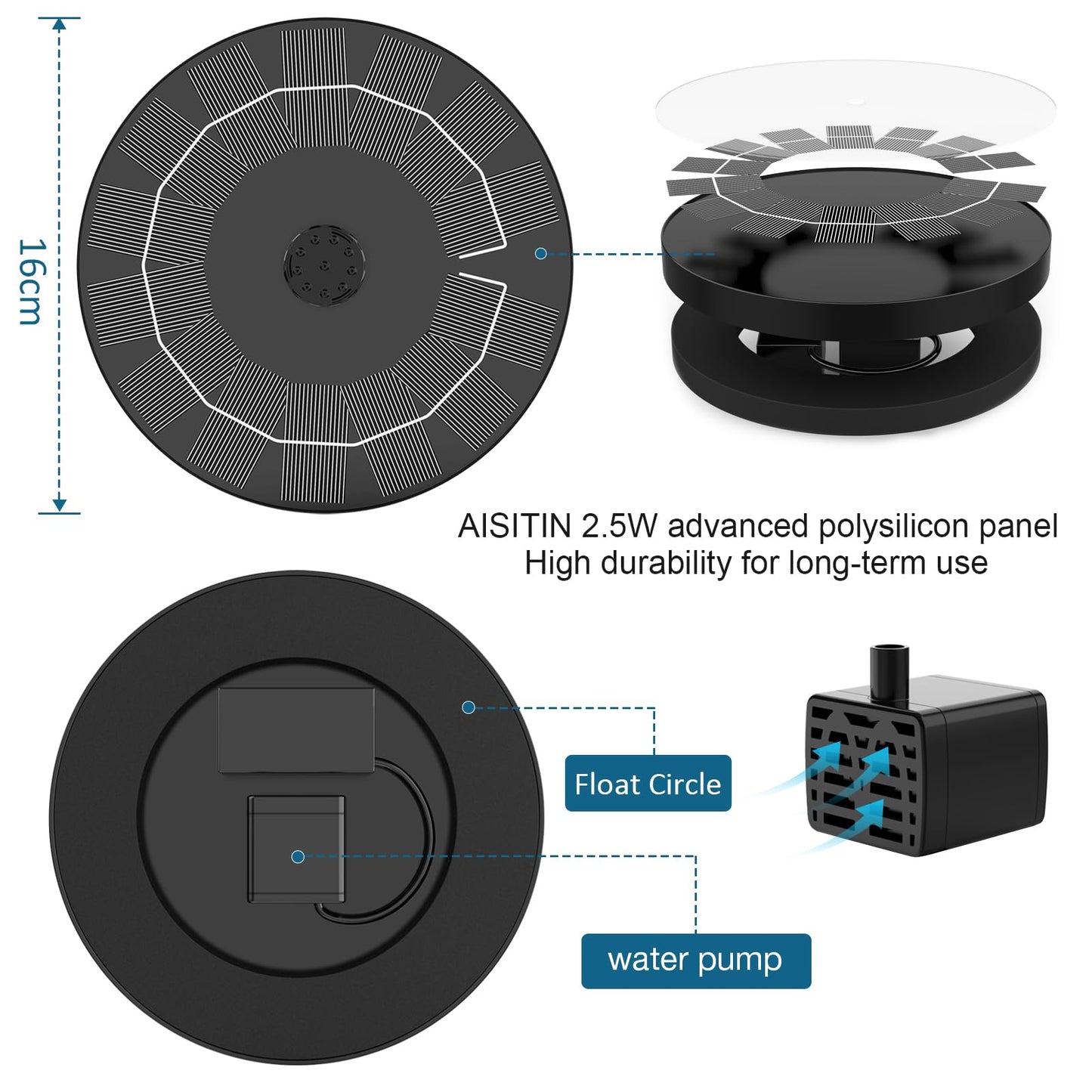 AISITIN Solar Water Fountain, Solar Powered Water Fountain with Multiple Nozzles, Floating Solar Pond Pump,Solar Water Feature for Bird Bath, Garden, Pond, Pool and Fish Tank