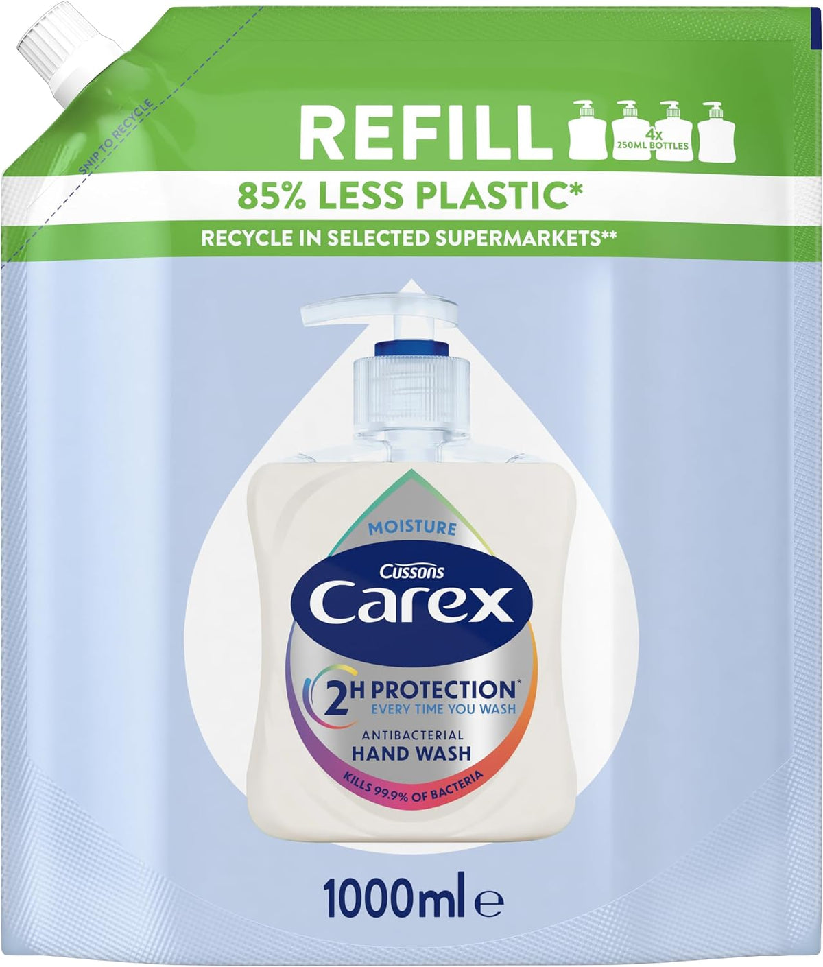 Carex 2 Hour Protection Antibacterial Moisture Hand Wash Refills, Liquid Hand Soap Eco Refill for Homes & Businesses, Caring Hand Wash, Bulk Buy, Pack of 3 x 1 litre