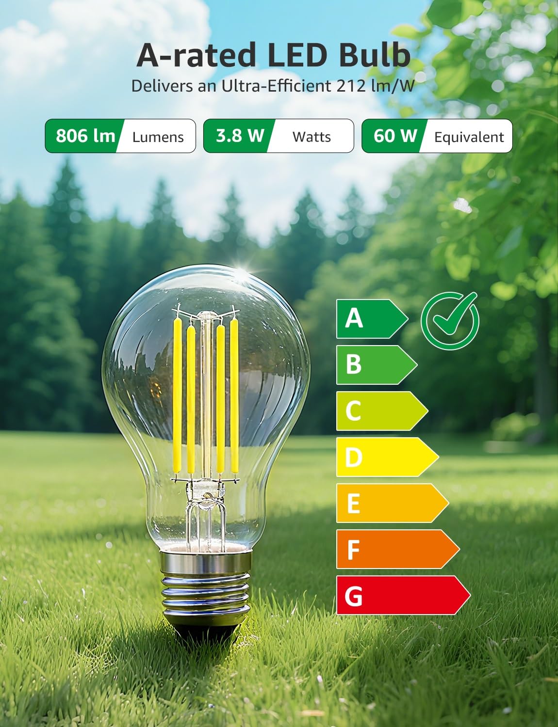 Lepro E27 Screw Bulb A-Rated, 3.8W = 60W, 806lm, 2700K Warm White,Pack of 2