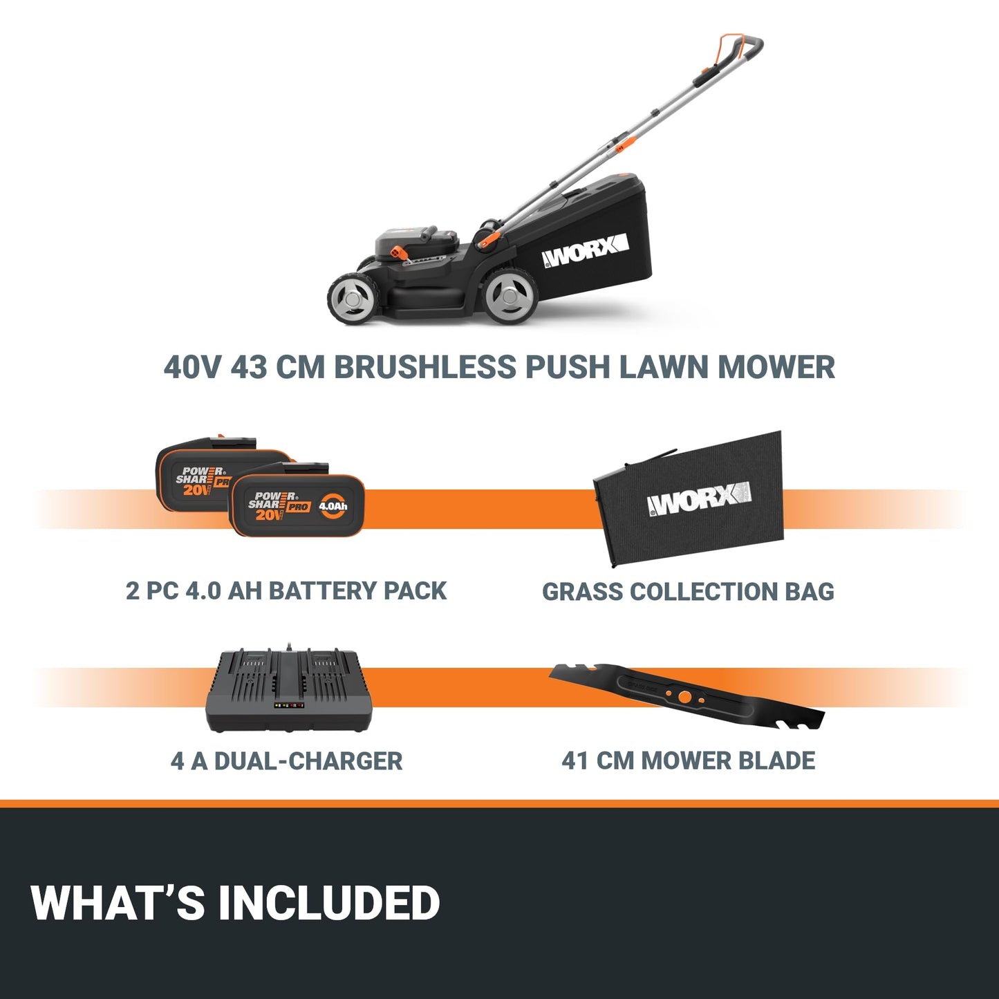 Worx WG779E.2 40V 34cm Cordless Lawnmower, ideal for Gardens up to 230㎡, Cut-to-Edge, striped Lawn Roller, foldable Handle, PowerShare, includes 2x 2.0Ah Batteries, Charger & 30L Grass collection bag
