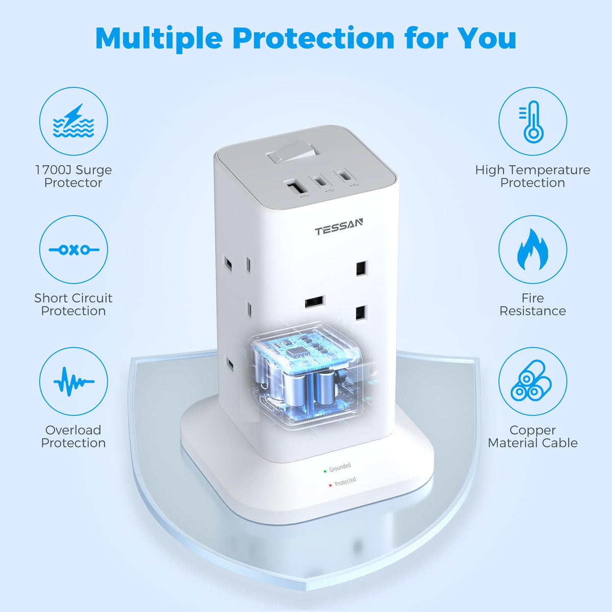 TESSAN Tower Extension Lead with USB C Slots