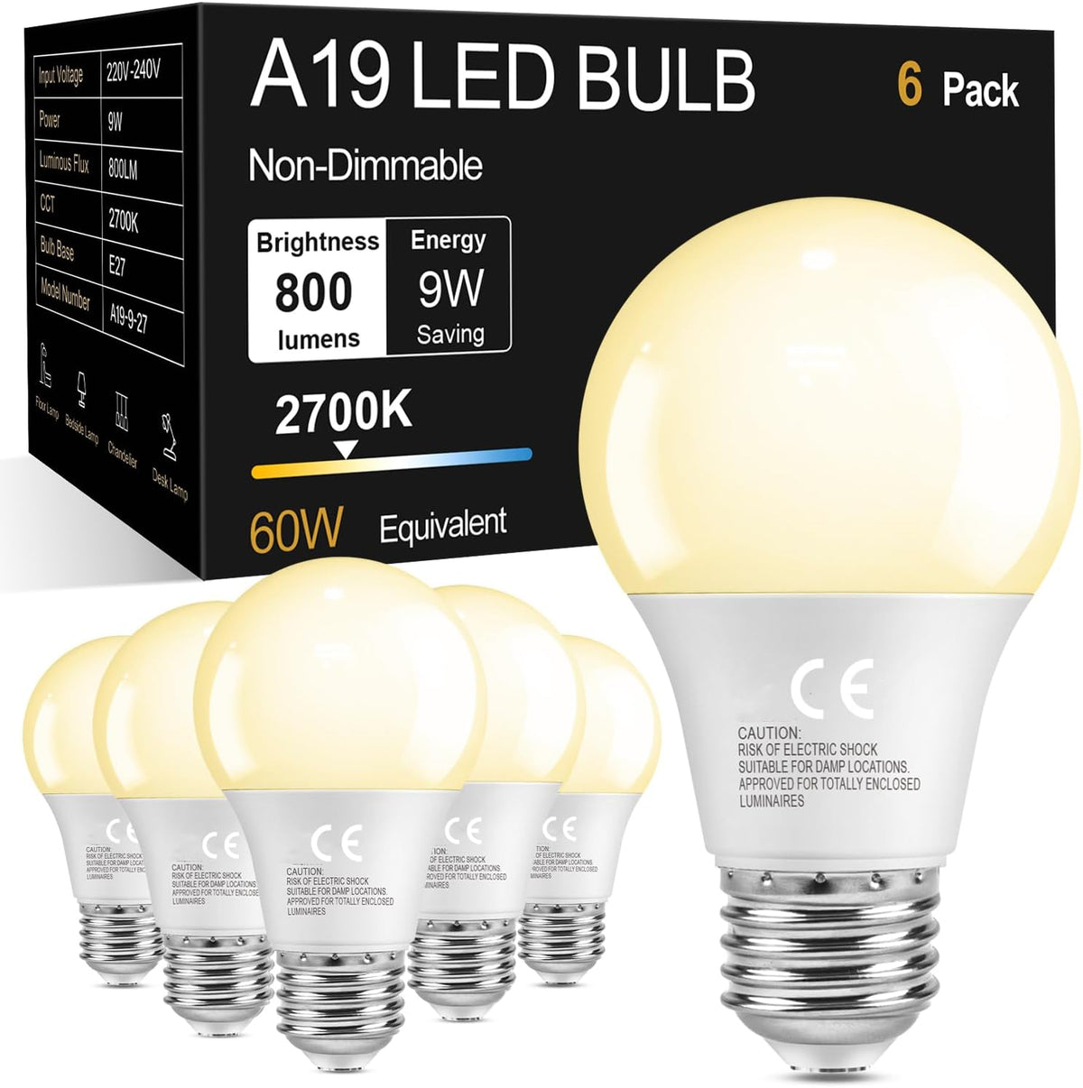 6 Pack E27 Screw LED Light Bulbs 2700K Warm Yellow White, 60W, ES Edison 9W