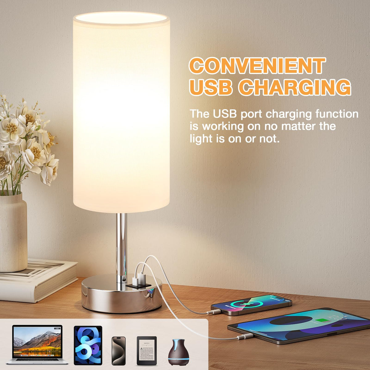 Aooshine Grey Table Lamp, 3-Way Dimmable, USB A + C Charging