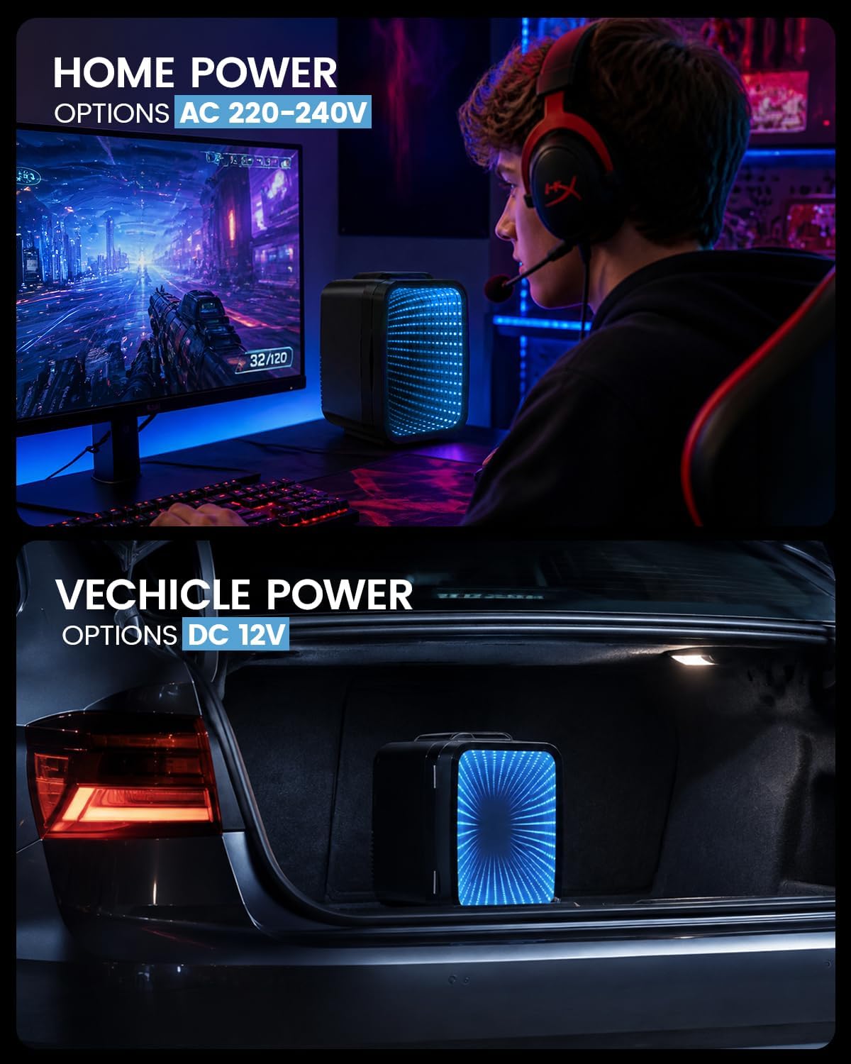 Mini Fridge, 4 Litre/6 Can Small Fridge with Dimmable LED Light, AC/DC Portable Mini Cooler and Warmer, Gaming Fridge for Bedroom, Office, Games Room and Car Great Gift for Teens