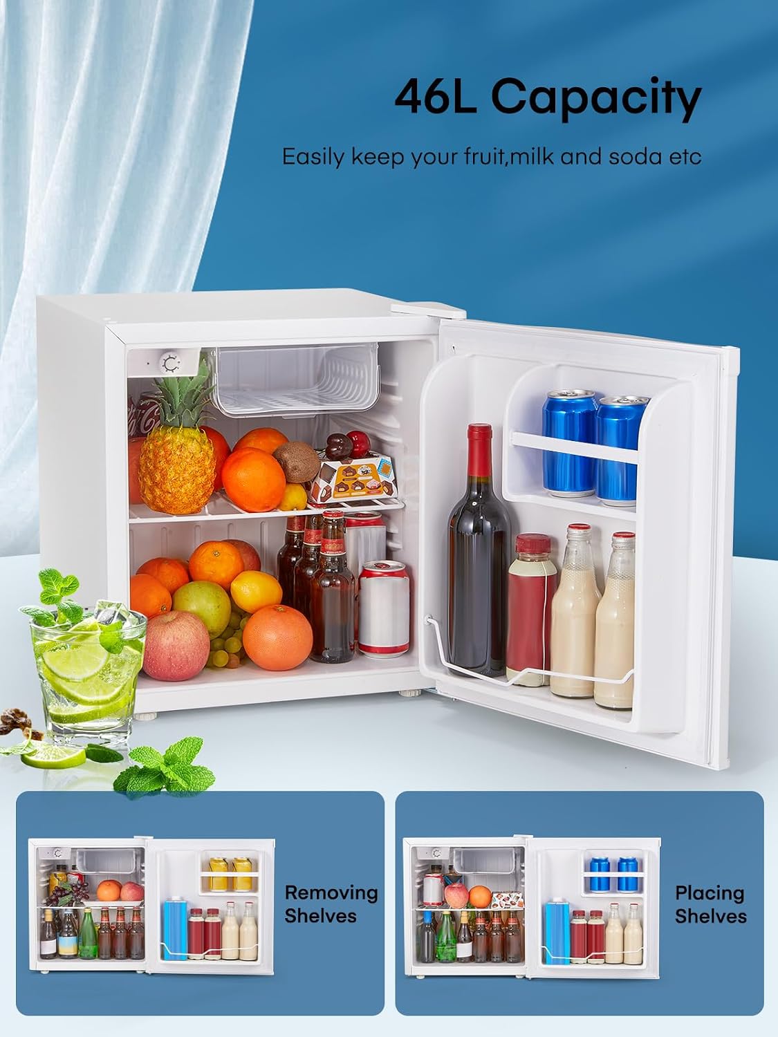 FOHERE Mini Fridge 46L, Small Table Top Fridge, Low Noise, Adjustable Temperature Control & Legs, Reversible Door, Compact Wine&Beers Cooling, Black