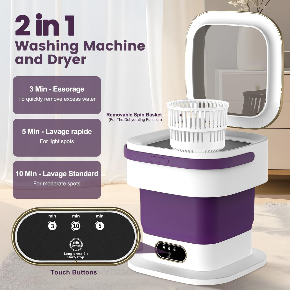 Mini Washing Machine, 15L Portable Washing Machine with Spin Dryer & 3 Cleaning Modes for Small Clothes, Foldable Portable Washer for Apartments, Dorms, Camping (Khaki)