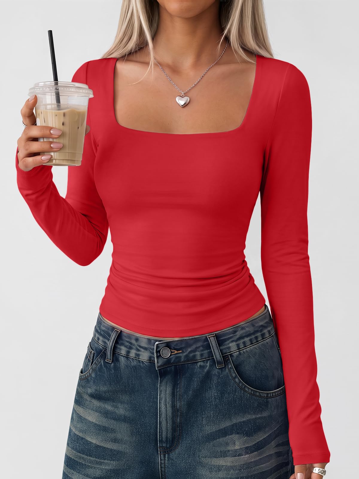 LILLUSORY Long Sleeve Tops Women UK Square Neck Double Lined T Shirts