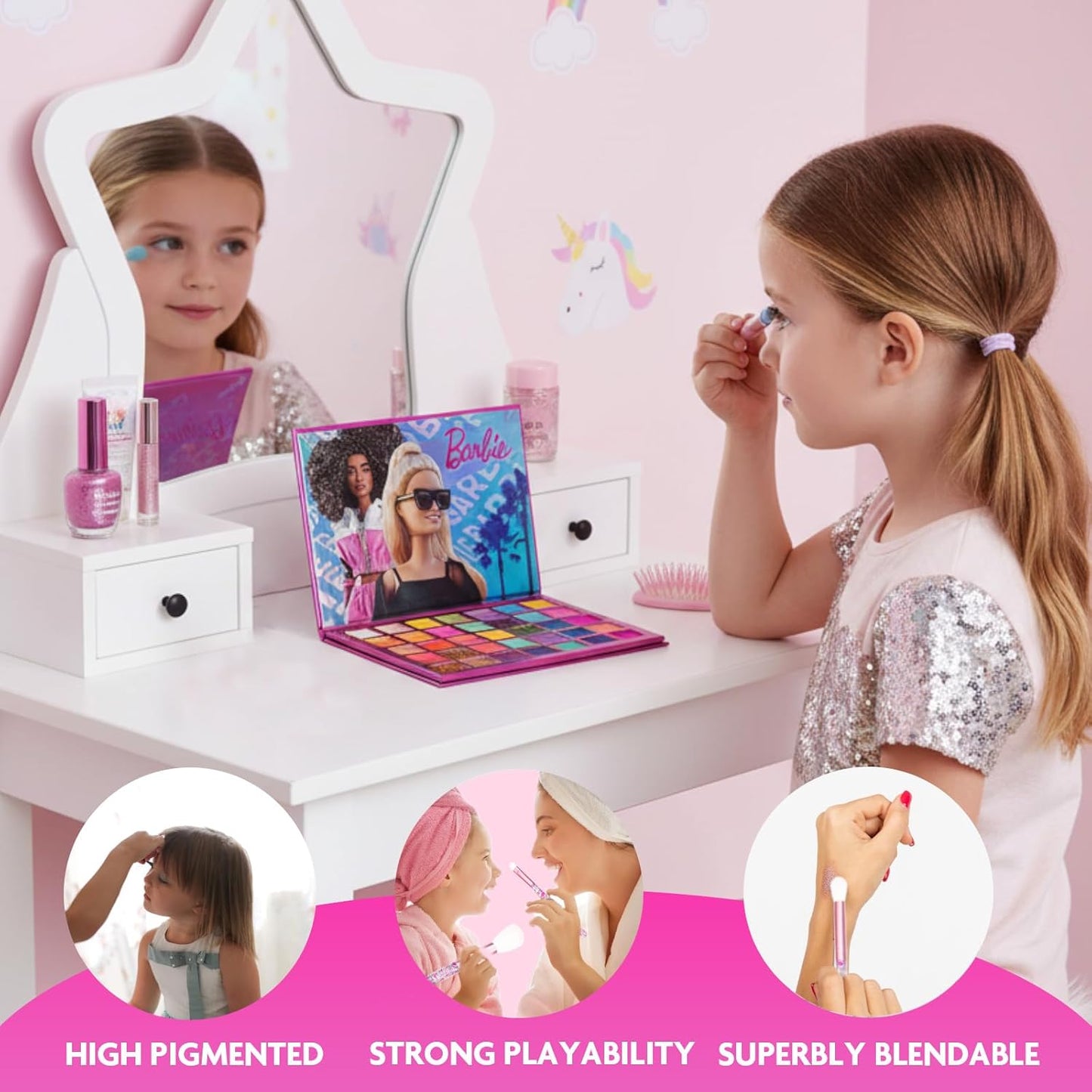 Barbie 35-Well Shadow Palette, Shimmery and Opaque Colors, Pigmented Blendable, 8 Application Brushes Perfect for Parties, Sleepovers & Makeovers by Townley Girl