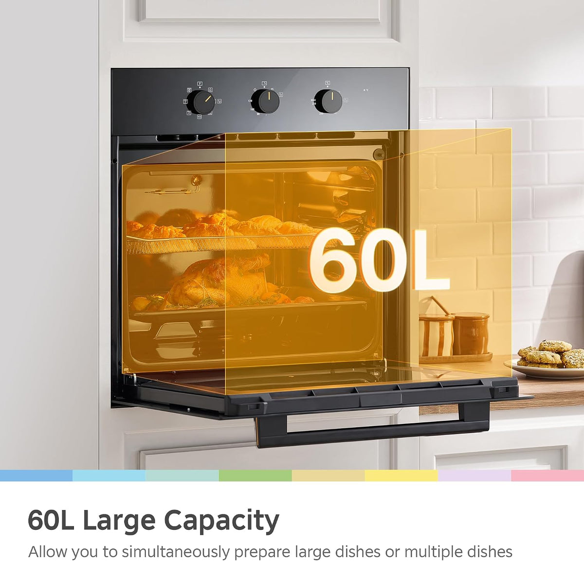 COMFEE' 60L, 60cm Wide, Single Electric Built-in Fan Oven, 8 Function with Air Fry, Multiphase Cooking and Easy Cleaning Removable Door, Color Black - CBO60M80M1-BK