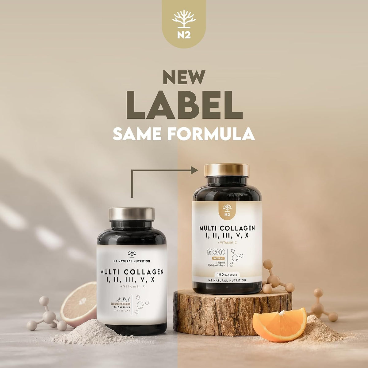 Multi Collagen 1650mg Type I, II, III, V, X. Bovine & Marine Collagen Peptides. 180 Capsules Enhanced with Vitamin C. High Strength Collagen for Joints, Hair and Skincare. N2 Natural Nutrition