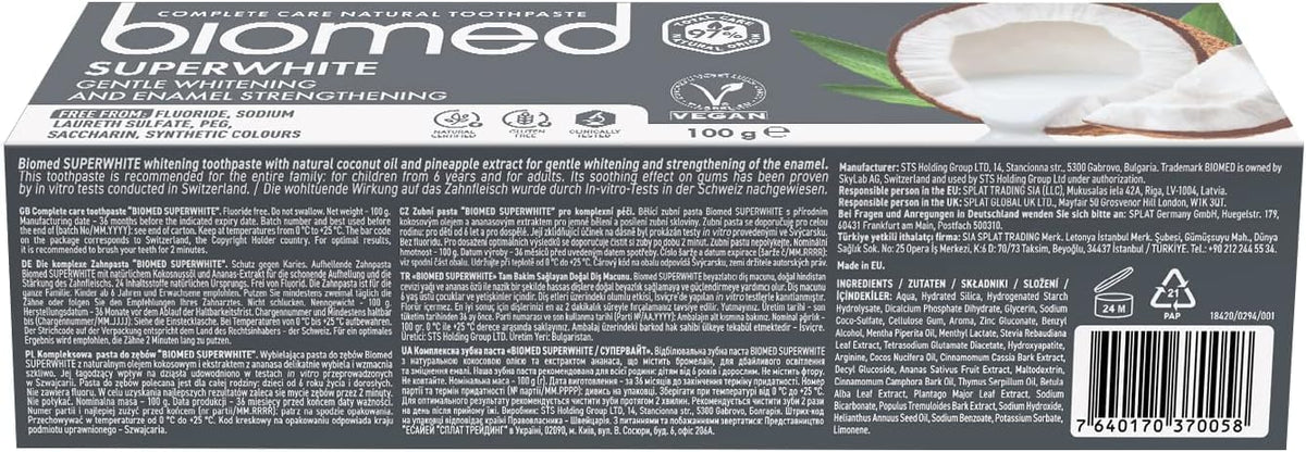 Biomed Superwhite 97% Natural Whitening Toothpaste | Enamel Strengthening | Coconut Flavour, Vegan, SLES Free 100g
