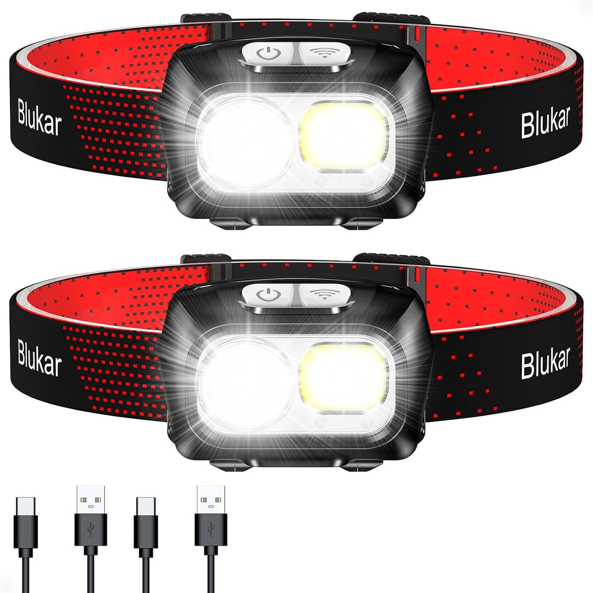 Blukar Head Torch Rechargeable, 2 Pack 2000L Super Bright Headlamp-8 Modes