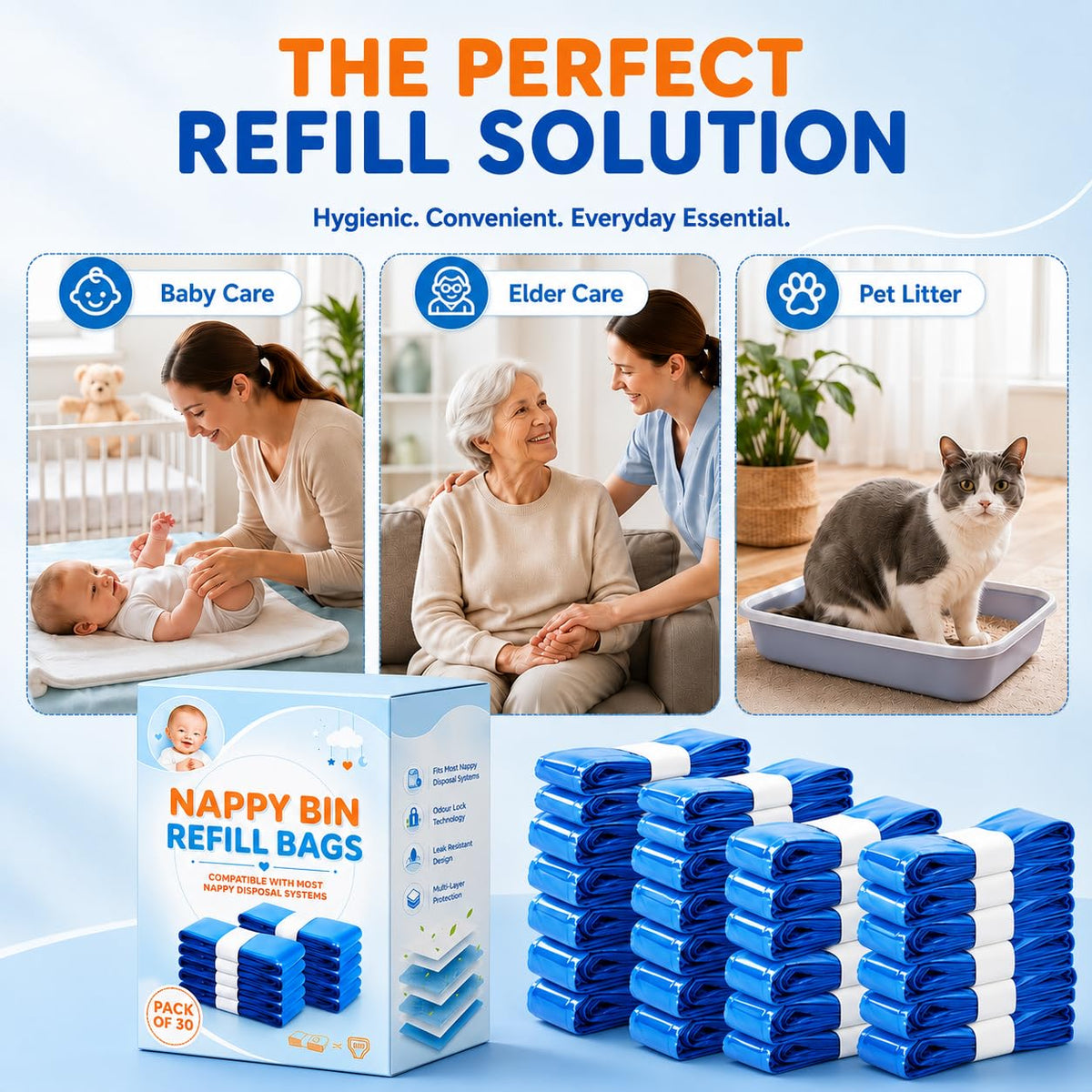 12er-Pack Nappy Bin Refills, vacvad 4.5m Diaper Bin Pail Disposal Bags, Nappy Bin Liners Replacement Strong Seal & Tear Resistance, Compatible with Most Nappy Disposal Systems (Blue)