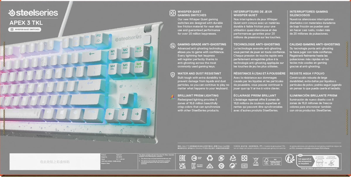 SteelSeries Apex 3 TKL Gaming Keyboard - Silent Keyboard, Tenkeyless PC Keyboard - 8-Zone RGB Illumination - IP32 Water & Dust Resistant - English QWERTY Layout, Black