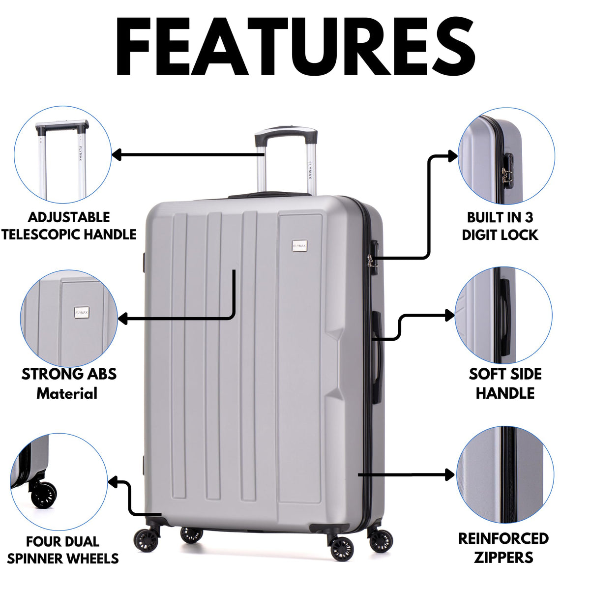 FLYMAX 29" Large Suitcase 4 Wheel Lightweight Luggage Hard Shell Travel Case Hold Check in Fits 23kg - 27kg + 3 Digit Lock Suitcase Large + Telescopic Handle 103 Litre Capacity