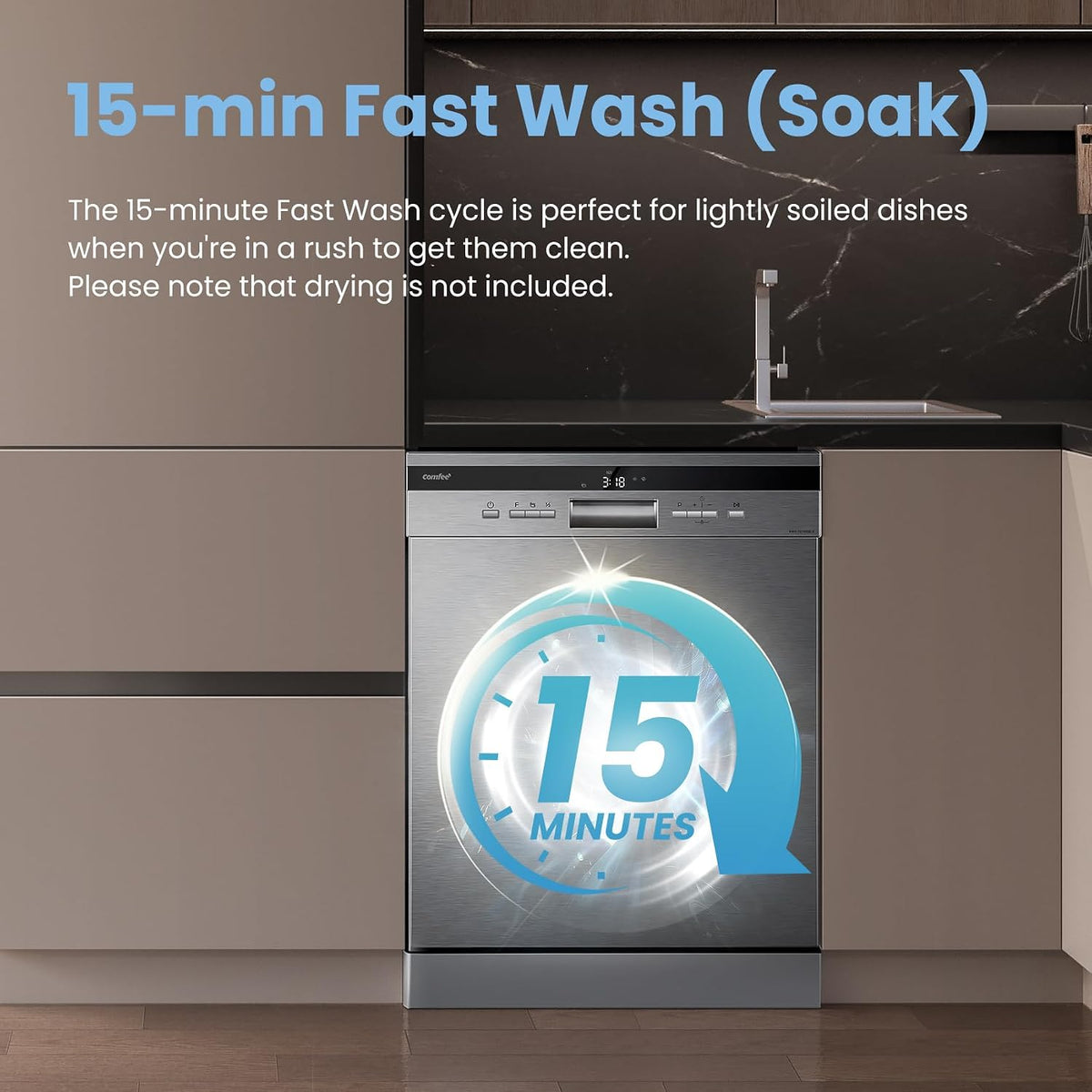 COMFEE' 60cm Freestanding Dishwasher, 14 Place Settings, Stainless Steel