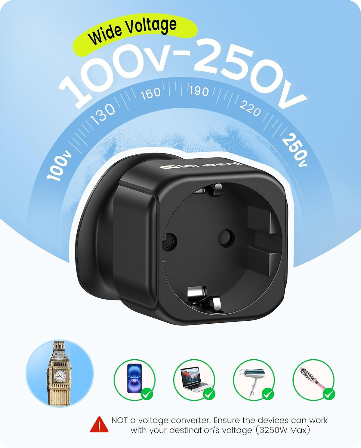 LENCENT 2 Pack EU to UK Plug Adapter,Black