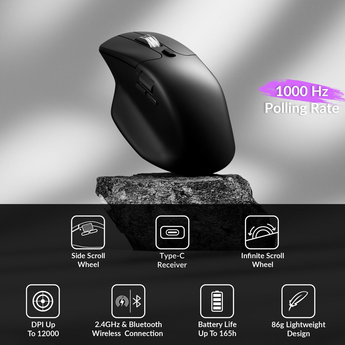Keychron M6 8000 Hz Silent Wireless Bluetooth 5.3/2.4 GHz/Wired Connection Gaming Mouse, Lightweight Body Programmable PixArt 3950 Sensor (30K DPI / 750 IPS) for Windows Mac Linux - Black