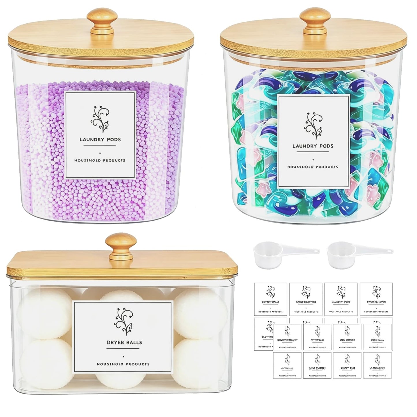3-Pack Clear Laundry Pods Storage Container with Bamboo Lid, Labels & Scoop – Washing Pods Holder for Powder, Dishwasher Tablets, Scent Booster – Laundry, Bathroom, Kitchen Organization(Square)