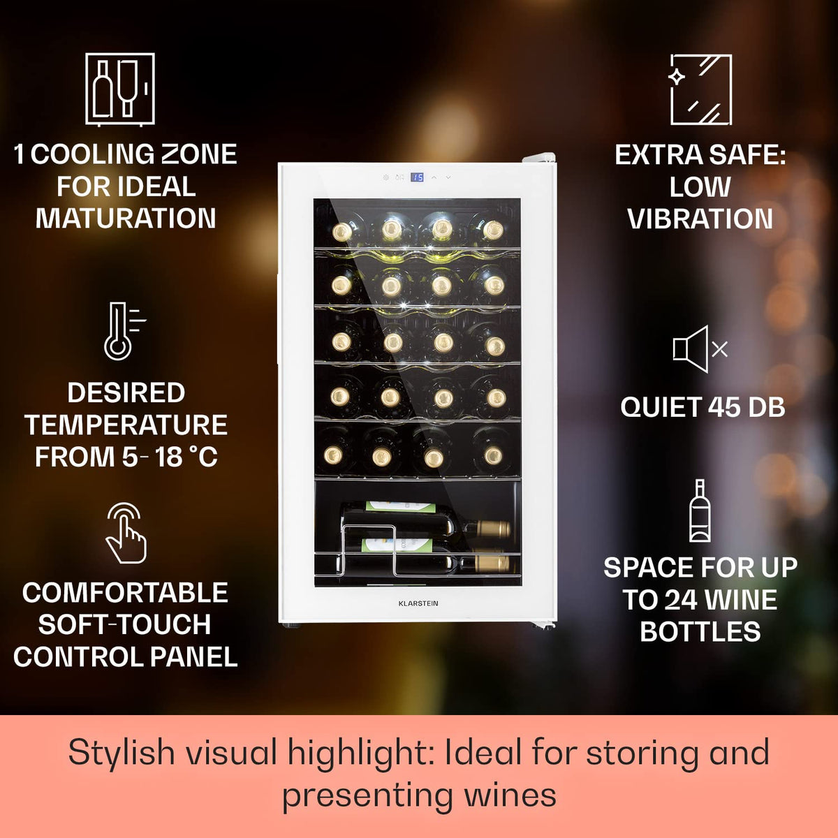 KLARSTEIN Shiraz Wine Cooler Black – 8 Bottles, 1 Zone | Freestanding Wine Fridge with Glass Door, Quiet, 5–18 °C, LED, Stainless Steel Frame